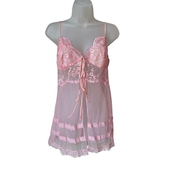 Victoria's Secret Sheer Pink Lace Cherry Blossom Open Top Mini Slip Dress Size M - Picture 1 of 10